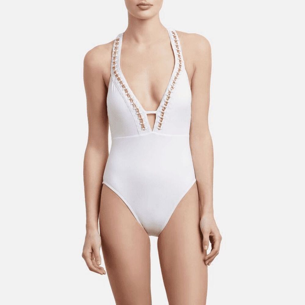 Kenneth Cole Women's CHain Reaction Plunge X Back Swimsuit sz S White